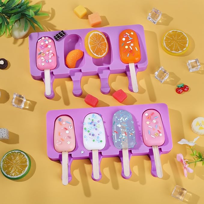 Ouddy Life Popsicle Molds Set of 2, Ice Pop Molds Silicone 4 Cavities Ice Cream Mold Oval Cake Pop Mold with 50 Wooden Sticks for DIY Popsicle (Purple) (Purple)