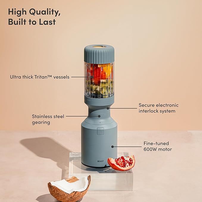 The Beast Mini Blender | Mini Countertop Kitchen Blender | Blend Smoothies and Shakes, Dressings, Sauces, Dips | Straw Cap and Straws Included | 600W (Mist)