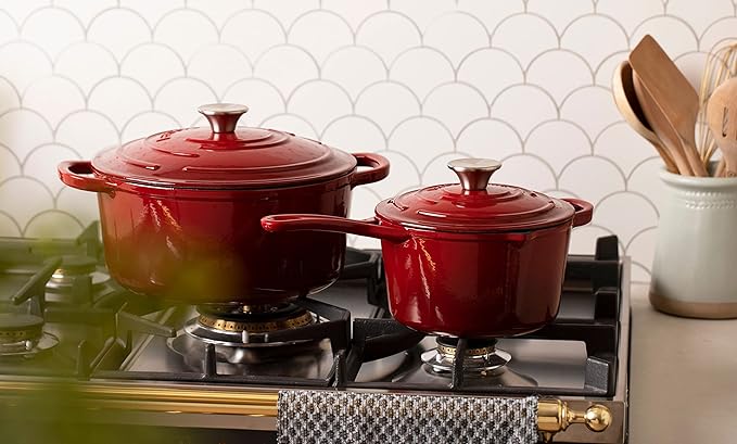 Larder & Vine 5-Piece Enameled Cast Iron Cookware Set - Includes 5.7 Quart Dutch Oven with Lid, 10.25 Inch Skillet, 2.2 Quart Saucepan with Lid (Cabernet)