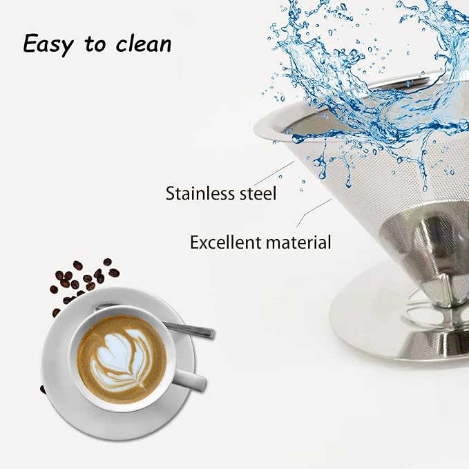 Slow Drip Paperless Coffee Filter, Pour Over Coffee Dripper, Reusable Pour Over Coffee Maker for Single Cup Brew, Double Mesh Design of Stainless Steel Cone Filter, with Clean Brush (1-4 cups)