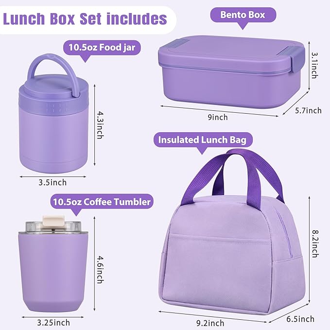 Large Bento Lunch Box Set for Adults Kids Women with 10.5oz Soup Thermo,Coffee Tumblers Men Girls Boys Teenagers Leak-Proof Lunch Food Containers with Lunch Bag