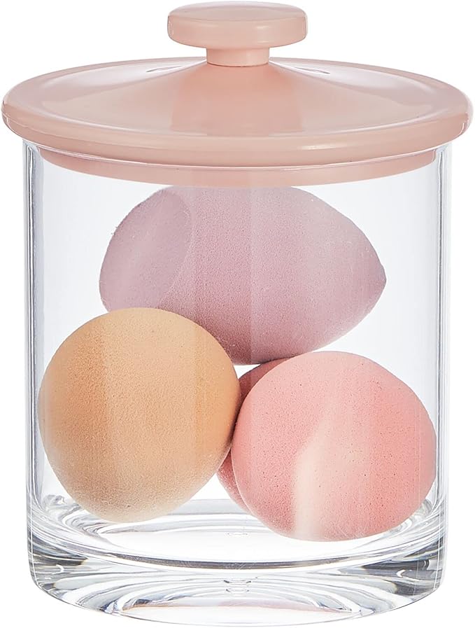 mDesign Small Modern Apothecary Storage Organizer Canister Jars - Acrylic Containers for Bathroom, Organization Holder for Vanity, Counter, Makeup Table, Lumiere Collection, 2 Pack, Clear/Light Pink