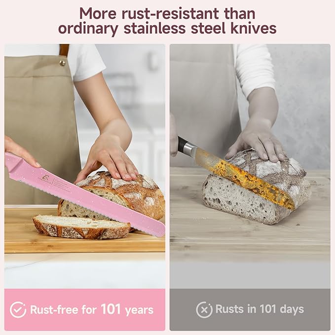 2025 Upgrade Bread Knife for Homemade Bread, World‘s 1st Double Serrated Knife with 5 Thickness Adjustable Slicing Guide, Stainless Steel Bread Cutter, Razor Sharp for Sourdough, Pink
