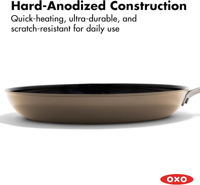 OXO Enhanced 12” Nonstick Frying Pan Skillet, Ceramic PFAS-Free Cookware, Stainless Steel Handle, Eggs & Omelets, Dishwasher & Oven Safe, Biscuit Brown