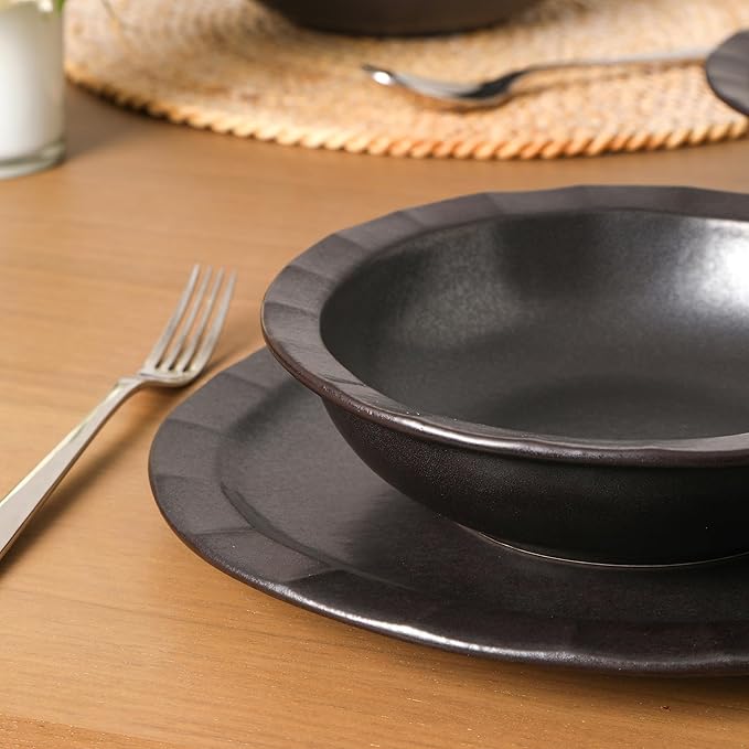 Stone Lain Oasis 12-Piece Dinnerware Set Stoneware, Dishwasher and Microwave Safe Plates and Bowls Set, Dish Set for 4, Black