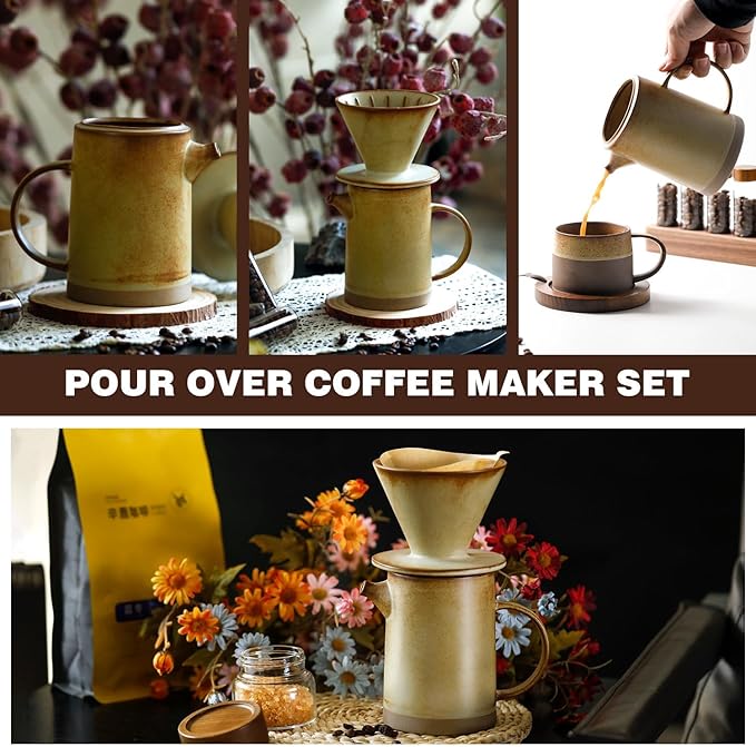 Pour Over Coffee Maker Set Vintage Ceramic Pour Over Coffee Dripper Set with 20 Count Paper Coffee Filters,for Home Café Restaurant Camping,15.8 Ounces(Yellow)