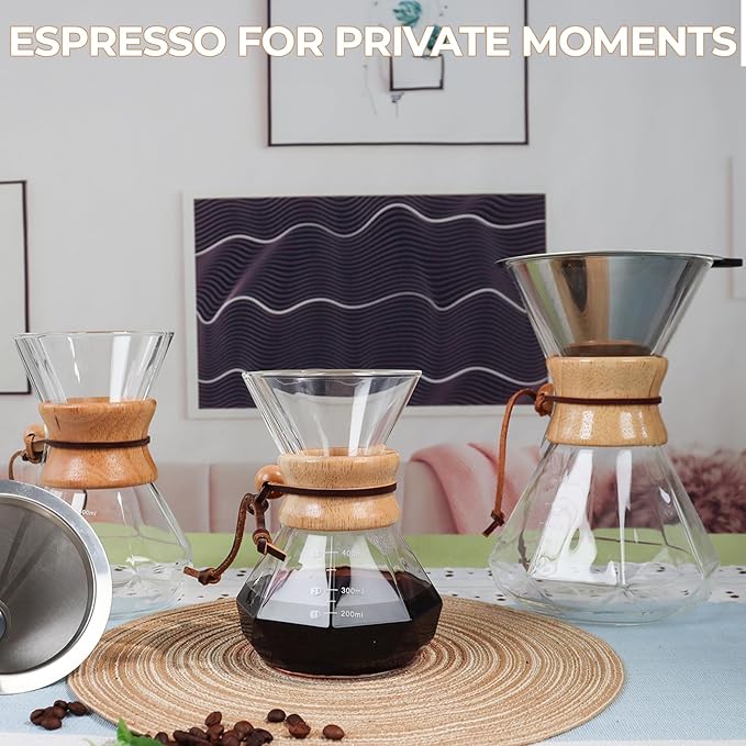 Pour Over Coffee Maker 600ml with 304 Stainless Steel Filter and Wooden Collar Holder Borosilicate Glass Drip Coffeemaker Server Set Clear Hand Brew Dripper Carafe for Home Camping Travel 20.3oz