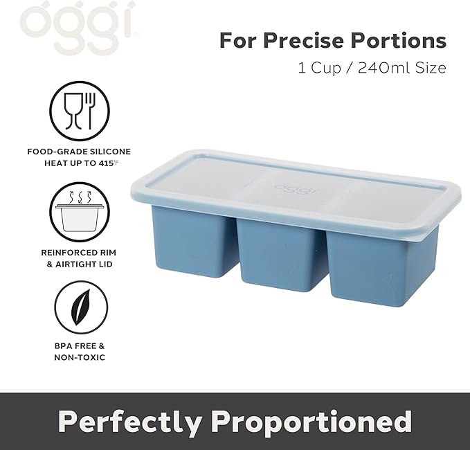 OGGI Prep & Portion Silicone Freezer Trays with Lid - Freezer Molds for Food, Ice Cube Tray, Food Prep Containers, Freezer Storage Containers, for Soup, Smoothie Cubes, Sauce, Broth, Leftovers - 1 Cup