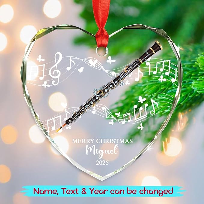 Personalized Text Year Name Oboe Lover Glass Keepsake Ornament, Customized Oboe Instrument Christmas Ornaments Gift for Parents Brother Sister Daughter Son, Unique Oboes Oboist Glass Xmas Ornament