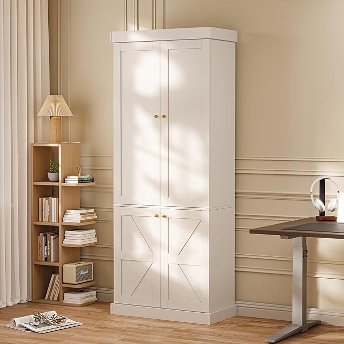 70.8" Tall Farmhouse Kitchen Pantry Cabinet with Doors, Modular Storage Cabinet with 4-Tier Adjustable Shelves, White, Wooden Hutch for Kitchen, Living Room, Set of 2
