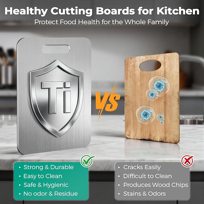 Katuchef Titanium Cutting Board - Upgraded 100% Pure Titanium Cutting Boards for Kitchen Non Toxic, Double-Grade Hygiene Durable Non Moldy Dishwasher Safe Meat Fruit Metal Board (3PC S+L+XL)