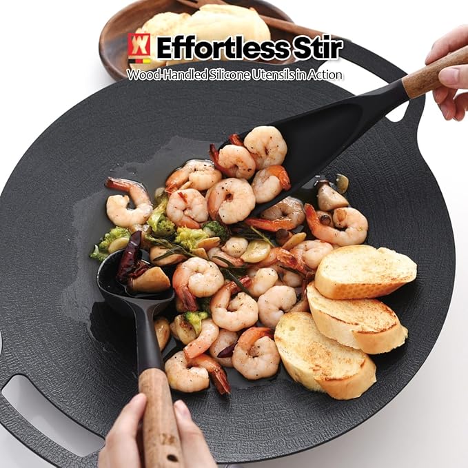Silicone Long Head Cooking & Serving Spoon with Wooden Handles: Multi-Functional Design, Silicone Rounded Spatula for Mixing, Scoop, and Scrape, Great for Stir Frying