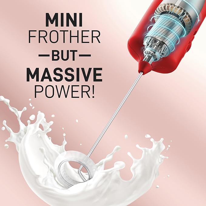 Mini & Mighty Milk Frother Wand – Powerful Handheld Coffee Frother, Battery Operated Drink Mixer – Compact Pocket Size – Detachable Whisk for Latte, Cappuccino, Matcha, Hot Chocolate – Red