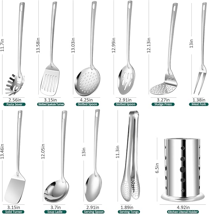 Lazycorner Kitchen Utensils Set, 11pcs Stainless Steel Cooking Utensils Set with Holder, Metal Kitchen Set for Cooking with Turners, Potato Masher, Spatula, Spoons, Pasta, Tongs