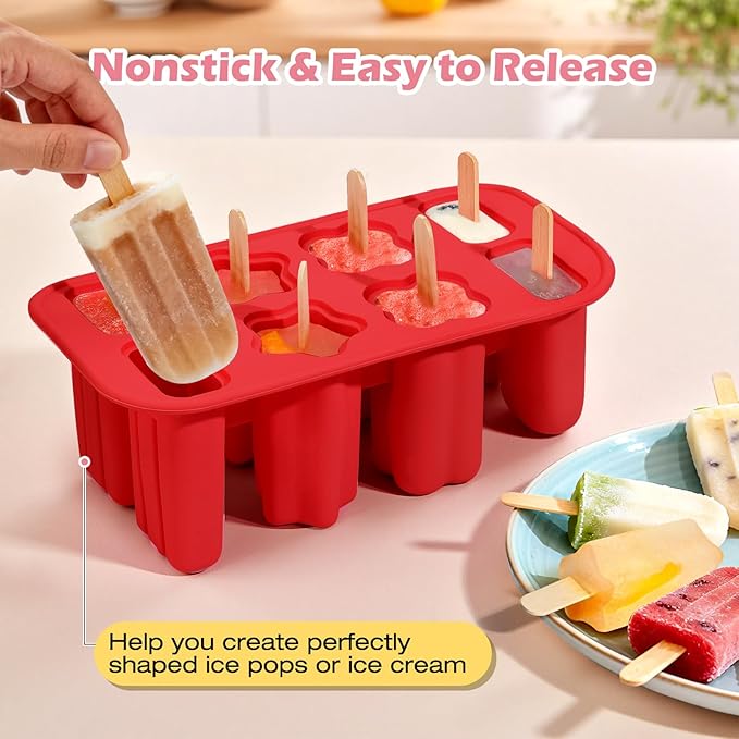 Popsicles Molds, 8-Cavity Silicone Popsicle Molds with 50 Sticks, BPA-Free Ice Pop Mold Popsicle Maker with Funnel & Cleaning Brush for Kids Adult Teens