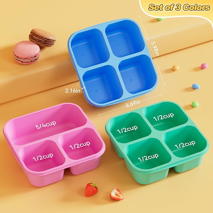 6 Pcs Snack Box Container Set, Reusable 3&4 Compartment Meal Prep Snack Containers for Adults Kids Toddler, BPA-Free Divided Lunchable Container for School, Work and Travel (Transparent Lids)