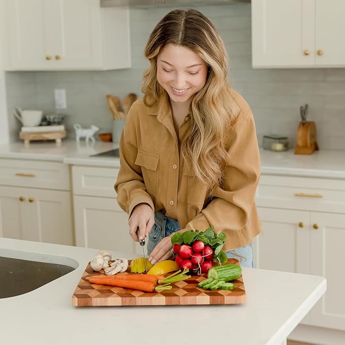End Grain Wooden Cutting Board for Kitchen 15"x 11" - Walnut Hardwood Chopping Block with Non Slip Grips - Ideal for Charcuterie & Meat Butcher - Handmade 3D Design Wood (0.75" Thick, Large)