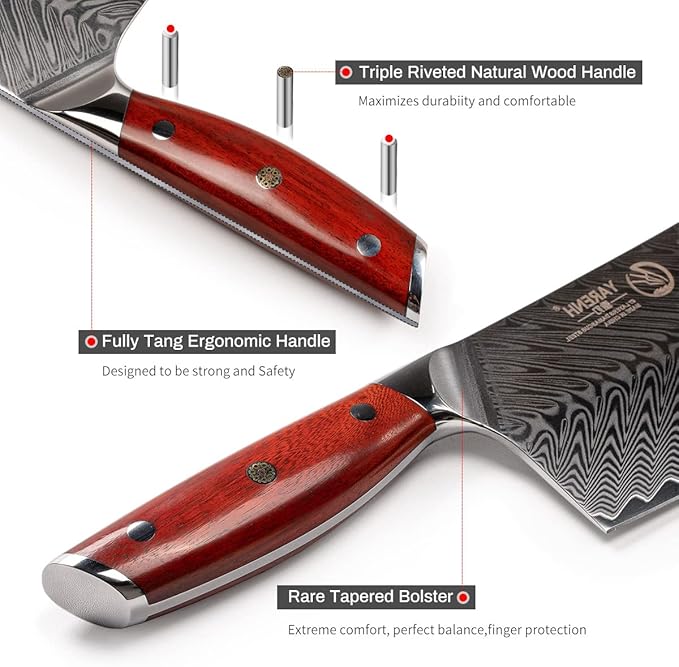 YARENH 8-Piece Kitchen Knife Set with Block,Damascus Chef Knife, 67-Layer High Carbon Stainless Steel,Sharp Rust-Resistant Blades,Sandalwood Handle