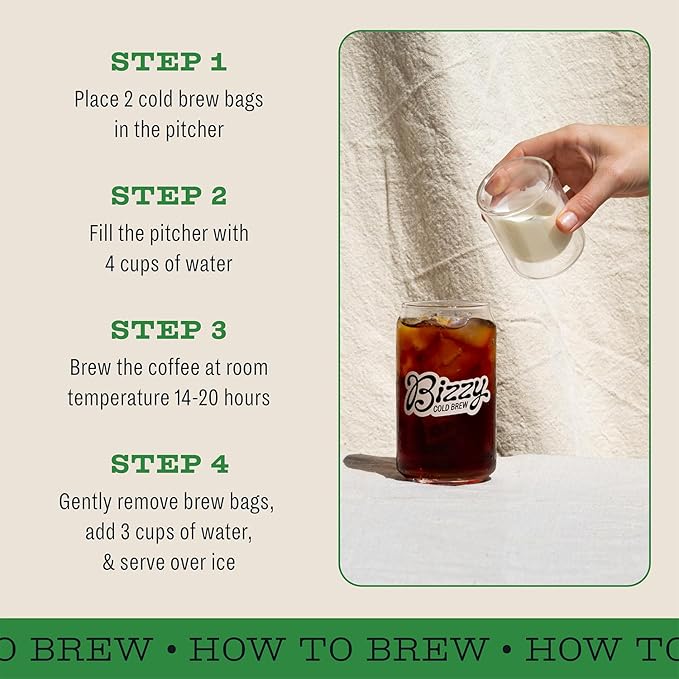 Bizzy Organic Cold Brew Coffee | Espresso Blend | Coarse Ground Coffee | Medium-Dark Roast | Micro Sifted | Specialty Grade | 100% Arabica | Brew Bags | 12 Count | Makes 42 Cups