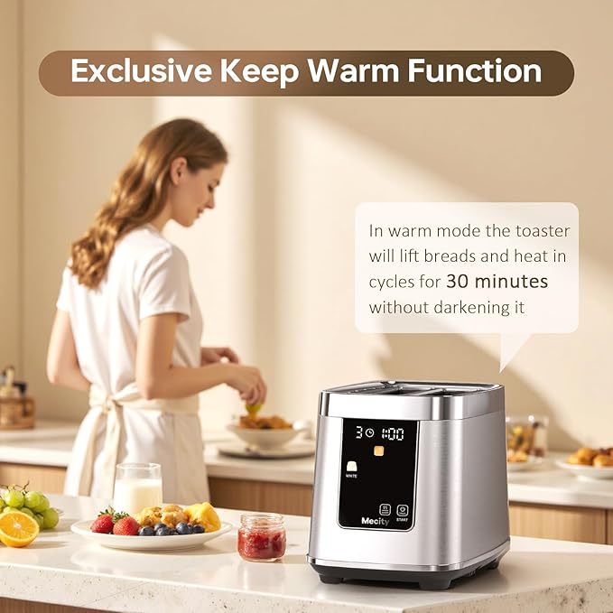 Mecity 2 Slice Toaster with Touch Screen & Auto Lift, Stainless Steel Cool-Touch Toaster with 8 Bread Settings, 5 Shade Levels, 1200W High Power, Keep Warm & Reheat Function, Stainless Steel, 120V