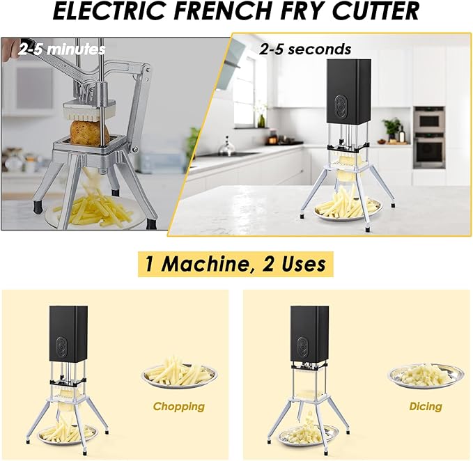 YOTAN Electric French Fry Cutter,Vertical French Fry Cutter with 1/2 & 3/8 Inch Blade,Professional Commercial and Household Automatic Potato Slicer,Electric Vegetable Chopper (Black)