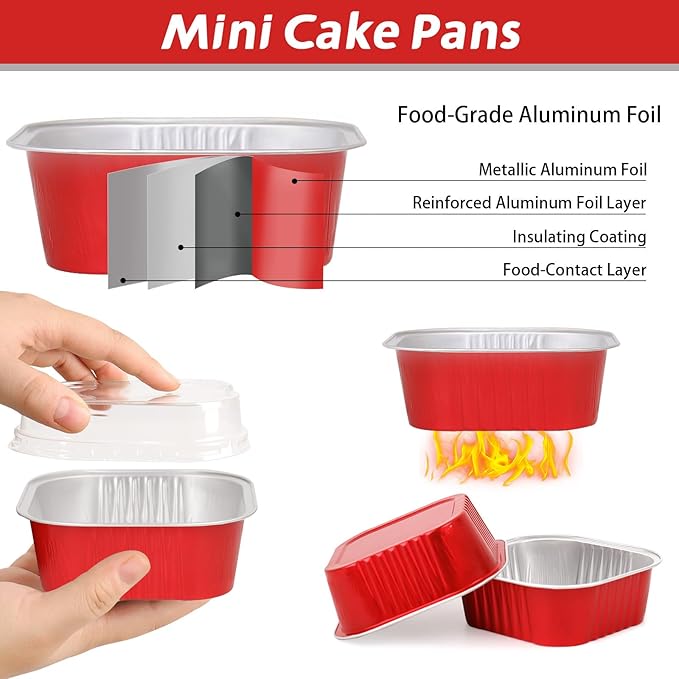200 Pack 10 oz Red Square Mini Cake Pans with Lids, Mini Loaf Pans with Lids, Aluminum Foil Square Brownie Baking Cups for Ramekins Muffin Cupcake Wedding Birthday Party