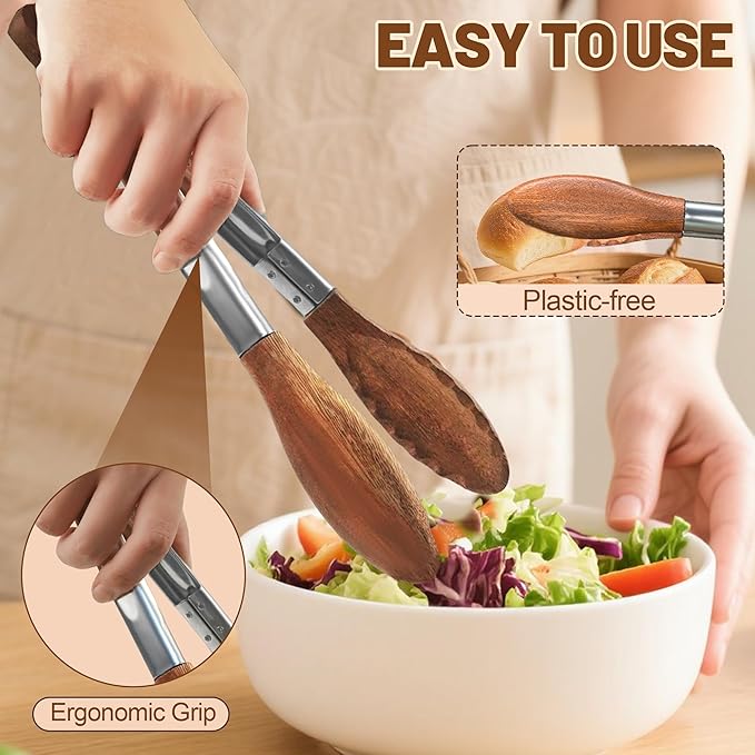 Wooden Tongs for Cooking, Multi-Purpose for Tossing Salads, Grilling, Flipping Food & Serving Bread - Strong Grip Walnut Wood Tips, Heat Resistant & Non-Deforming (12inch)