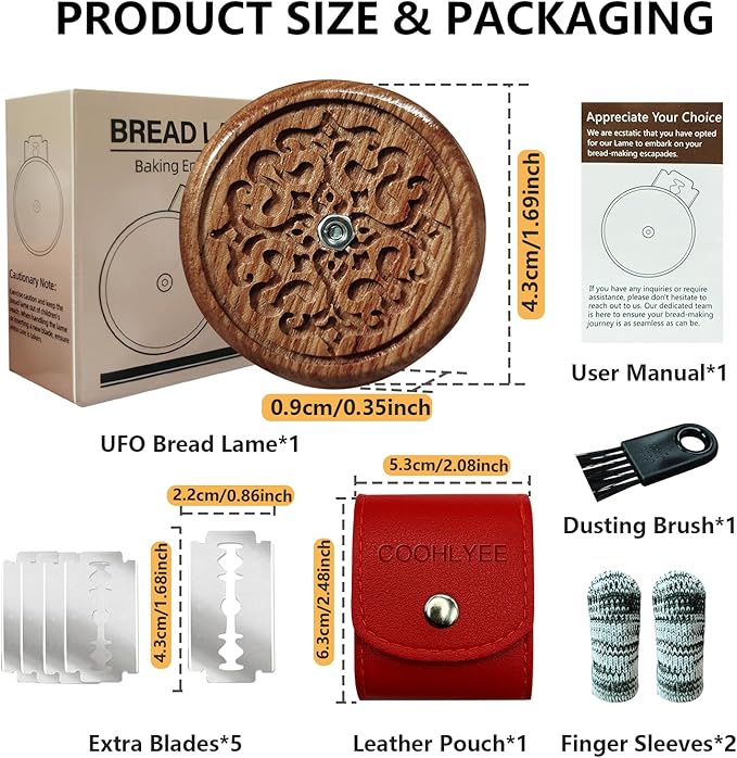 UFO Bread Lame Sourdough Scoring Tool Kit – Wooden Dough Scoring Tool, Replaceable Blades, Pouch, Cleaning Brush & Finger Guards | Perfect Baking Gifts for Sourdough Lovers