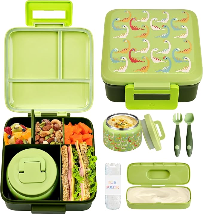 Bento Lunch Box for Kids with 8oz Soup Thermo,Leak-Proof Lunch Containers with 5 Compartment,Thermo Food Jar Food Containers for School (Green-Colorful Dinosaur)