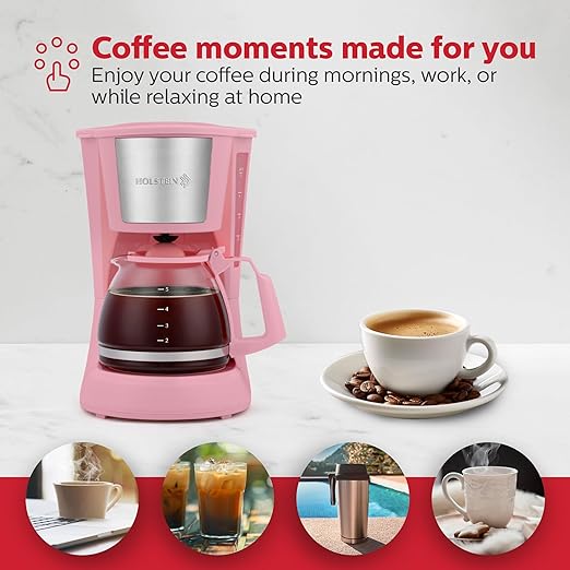 Holstein Housewares 5 Cup Drip Coffee Maker – Compact and User-Friendly with Auto Pause & Serve, Reusable Filter, Measuring Spoon & Glass Carafe, Office & Dorm Use, Pink