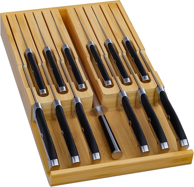 Domax Bamboo In-drawer Knife Block - Knife Drawer Organizer Insert Large Handle Steak Knife Holder, Kitchen Drawer Knife Organizer Fits for 12 knives and 1 Sharpening Steel (Not Included)