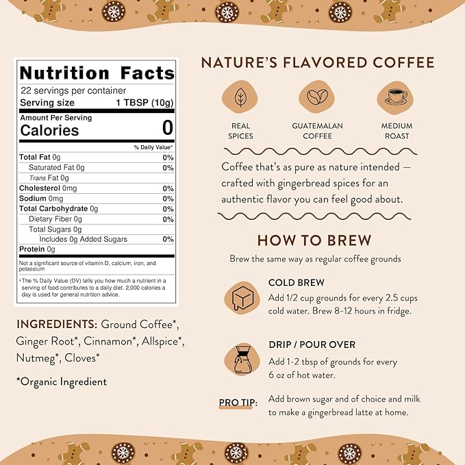 Organic Gingerbread Ground Coffee - Medium Roast, Flavored Coffee - Real Gingerbread Spices - Smooth Low-Acid- Perfect for Drip, Pour Over or Cold Brew - 8 oz, 22 Servings