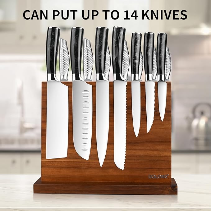 Magnetic Knife Block, Thickened Acacia Wood Kitchen Knife Holder Stand with Strong Magnets, Multifunctional Double Side Knife Storage Organizer for Kitchen Counter (Brown)