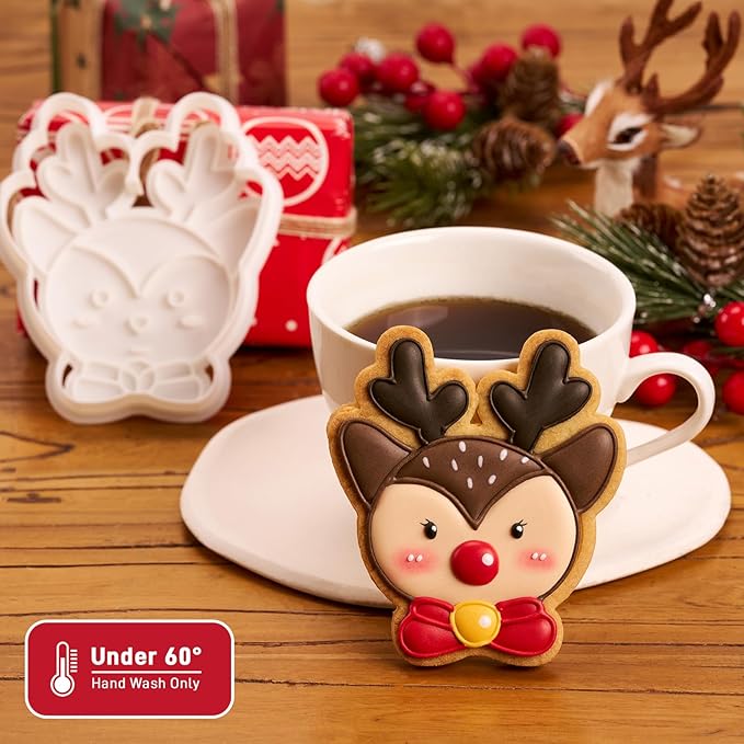 Flycalf Christmas Cookie Cutters Reindeer with Plunger Stamps Holiday PLA Baking Accessories Cutter Molds Gifts Decorative Party 3.5" Kitchen Cake Supplies
