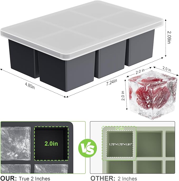 Large Ice Cube Tray for Whiskey: 2inch Big Silicone Ice Trays with Lid for Whisky - 3Pack Old Fashioned Ice Cube Trays for Cocktail - Huge Square Cubed Bourbon Ice Cube Maker