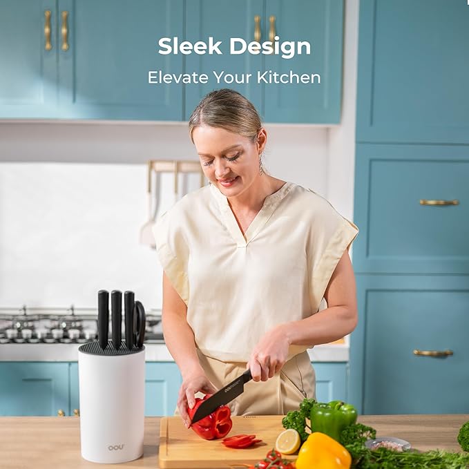 OOU Universal Knife Block Holder - Round Kitchen Knife Storage Unique Slot Design to Protect Blades, Space Saver Knife Organizer Detachable for Easy Cleaning, White