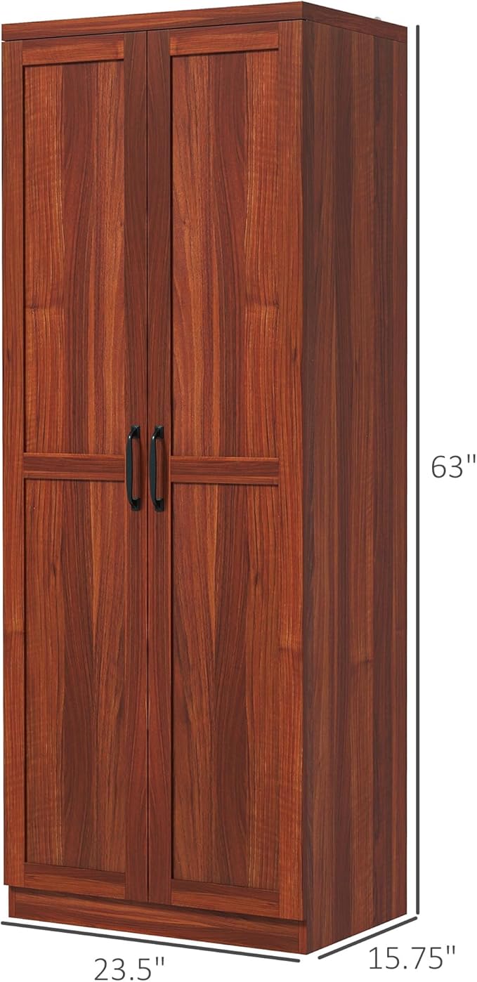 HOMCOM 63" 2-Door Kitchen Pantry, Freestanding Storage Cabinet with 5-Tier Shelving and 2 Adjustable Shelves for Dining Room, Tan