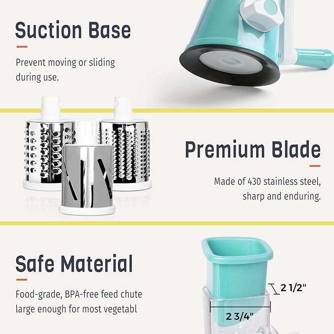 X Home Rotary Cheese Grater for Kitchen, Shredder with 3 Interchangeable Blades, Rotary Grater with Handle and Strong Suction Base, for Vegetables, Fruit, Nuts, Easy to Use and Clean, Blue