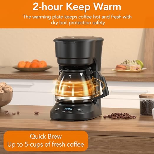 Compact 5-Cup Programmable Drip Coffee Maker — the essential coffee machine with Digital Clock, 24-hour Timer, Auto Shut-Off, and a Removable Filter Basket for Home & Office.