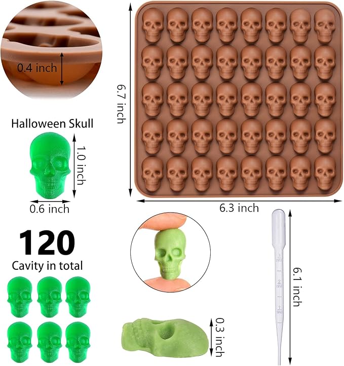 3 Pack Gummy Skull Silicone Candy Molds, Halloween Mini Skull Mold with 3 Droppers Non-stick Candy Molds