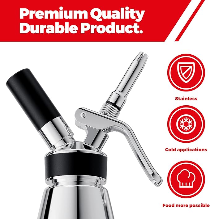 OSJCOOK Whipped Cream Dispenser Stainless Steel Cream Whipper Mirror Finish,500 mL/1 Pint Professional Cream Maker,5 Various Stainless Decorating Nozzles,1 Cleaning Brush,N2O Chargers NOT included