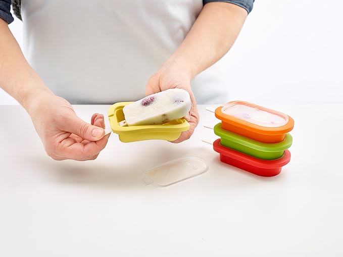 Lékué Set of 4 Stackable Popsicle Molds + Sticks & Lids | Homemade Freezer Ice Pops & Frozen Snacks | Flexible Platinum Silicone for Easy Fill & Unmold | Reusable & Dishwasher Safe| Multicolor
