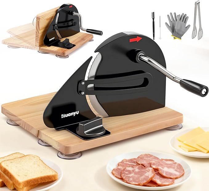 Huanyu Manual Bread Slicer Upgrade Foldable Sourdough Cutter Versatile Hand Crank Slicers Stainless Steel Blade Adjustable Thickness with Scale Line&Suction Cup for Homemade & Commercial Use (Black)