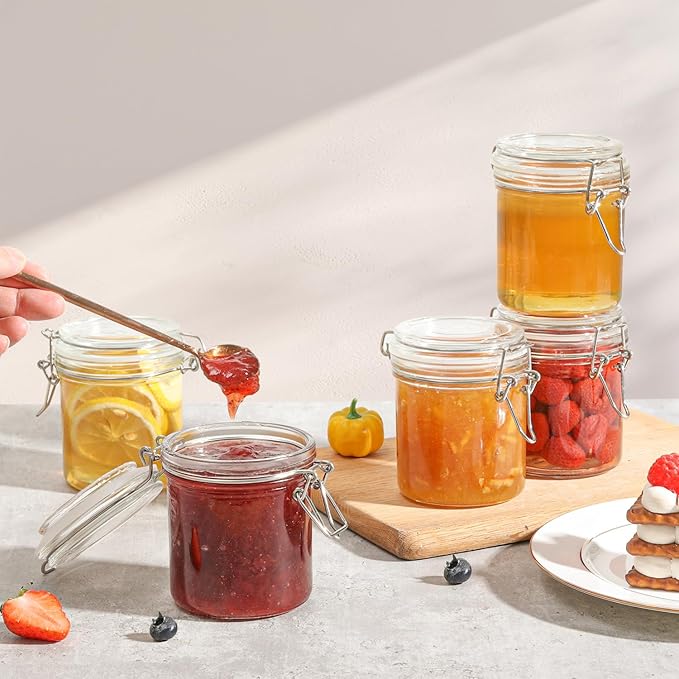 ComSaf 8oz Small Airtight Glass Jars Set of 12 with Lid Food Storage Jar Round, Mini Storage Container with Clear Preserving Seal Wire Clip Fastening for Kitchen Canning, Jam, Spice, Honey, Mason Jars
