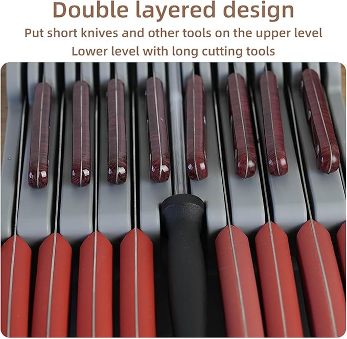 Drawer Knife Organizer,Kitchen Knife Drawer Organizer Insert Hold 16 Knives and 1 Sharpening Steel (Not Included) Large Chefs Knives Holder Storage Set for Kitchen Drawer Neat and Orderly