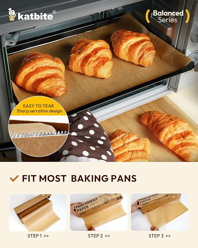 Katbite 12in x 262ft Unbleached Parchment Paper Roll, 260 Sq.Ft, Balanced Series, Non-Stick, Extra Long Parchment Baking Paper with Portable Serrated Cutter for Baking, Cooking [Balanced Series]