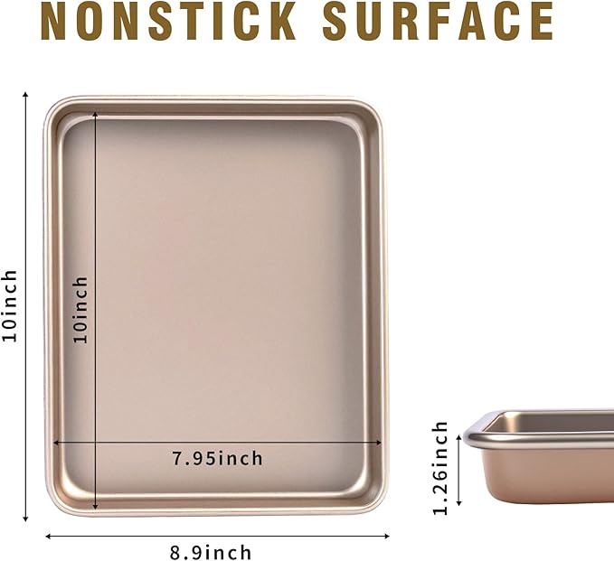 Toaster Oven Pans Set of 2, Shinsin 11-Inch Nonstick Baking Sheet Pans and Trays, 1/8 Thicker Replacement Small Baking Tray Accessories for Cookie, Non Toxic and Easy Clean and Diswasher Safe, Gold
