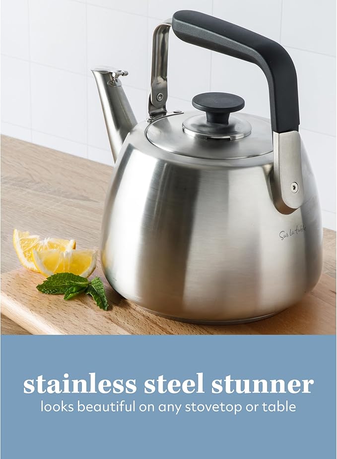 Sur La Table Kitchen Essentials 2 Qt Heavy Gauge Brushed Stainless Steel Whistling Tea Kettle – Durable Stovetop Kettle
