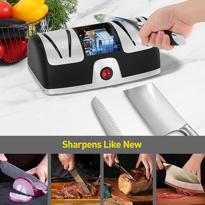 Secura 2-Stage Electric Knife Sharpener with Diamond Abrasives and Precision Angle Guides, Professional Sharpening Tool for Kitchen Straight Edge and Ceramic Knife, Black