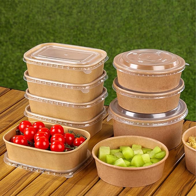DI QIU REN 50-Pack 22oz Paper Bowls, Disposable Food Containers with Lids and Forks, Rectangular Disposable Salad Bowls for Diet Salad, Pasta (kraft Paper Rectangular, 22oz 50 Count)